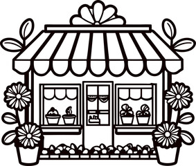Cute hand drawn bakery shop exterior with flowers and striped awning, black and white line illustration