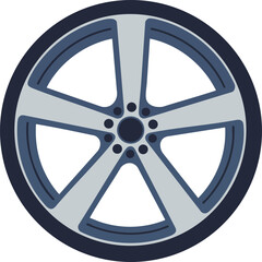 Obraz premium Car wheel rim illustration with modern five-spoke design in blue and gray tones for automotive vector concepts