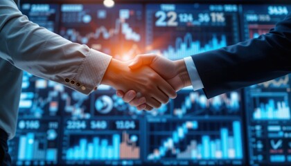 Strategic partnership: Handshake against a backdrop of financial charts and data