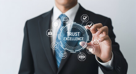 A professional demonstrates a virtual interface showcasing concepts of trust and excellence in business operations.