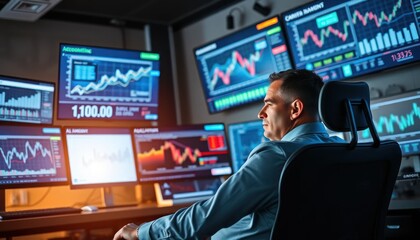 Analyst observing stock market data and graphs in an operational center