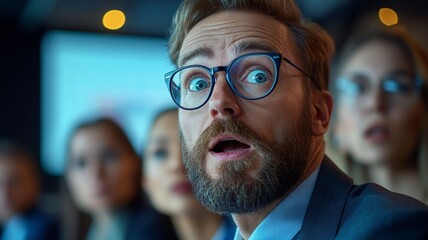 Surprised business professionals reacting to unexpected financial data in a meeting
