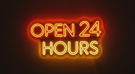 Bright neon sign reads open 24 hours in warm yellow and red hues