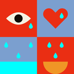 Heart. Eye. Teardrop. Emotional elements. Minimalist Symbolic Illustration. The fluid nature of human experience.