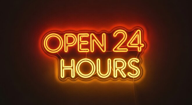 Bright neon sign reads open 24 hours in warm yellow and red hues