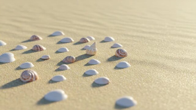 Seashells Arranged on Sandy Beach Under Soft Sunlight