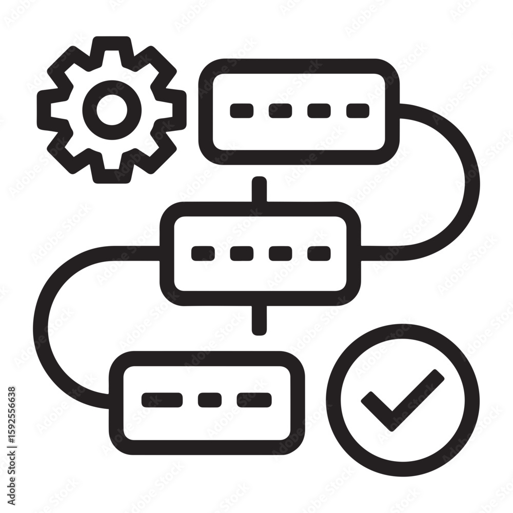 Poster depiction of a workflow diagram with gear icon, rectangular steps, and a checkmark at the end
