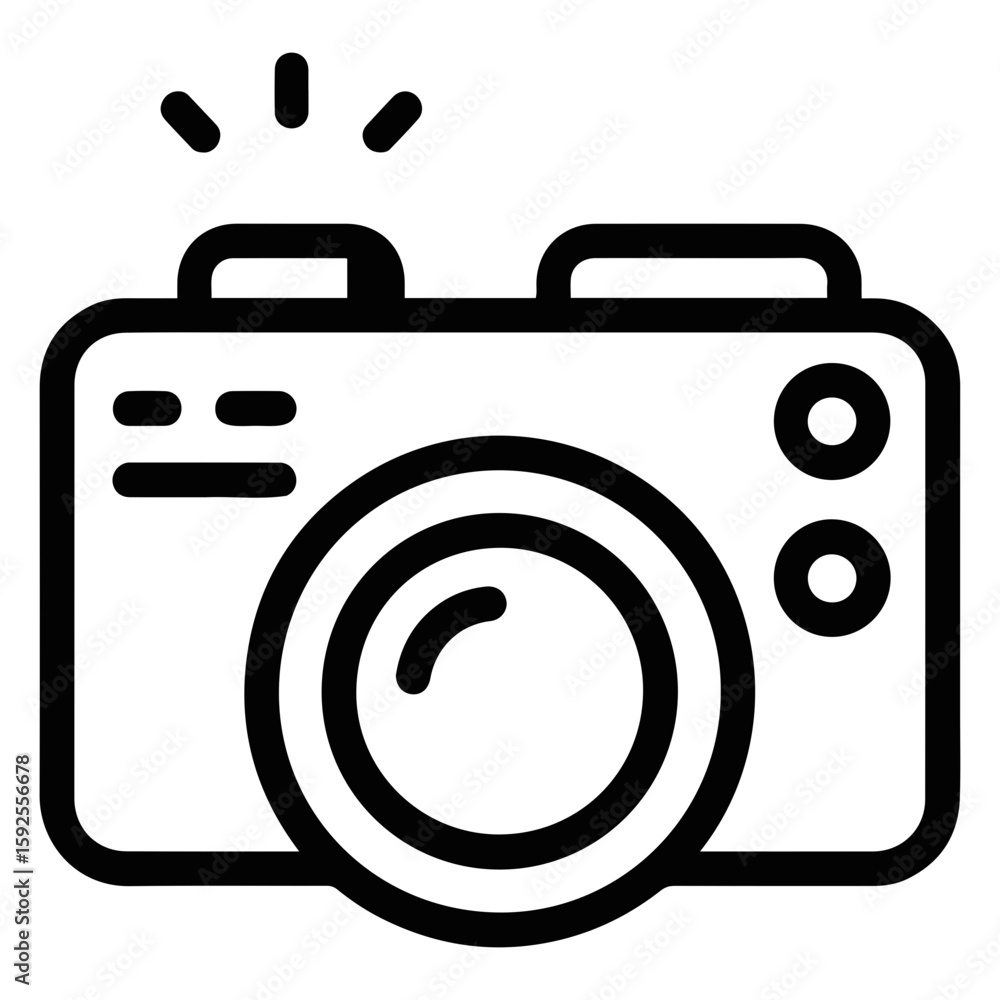 Poster vector illustration of a black and white camera with a lens and a flash above it in a simple style