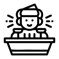 A child is depicted taking a bath with bubbles and a towel on their head in a simple line drawing