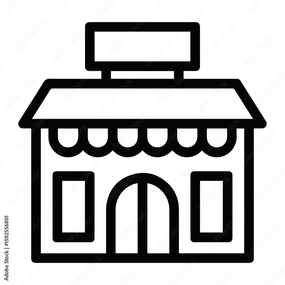 Poster vector illustration of a storefront with an awning and a sign above the roof in a simple line drawin
