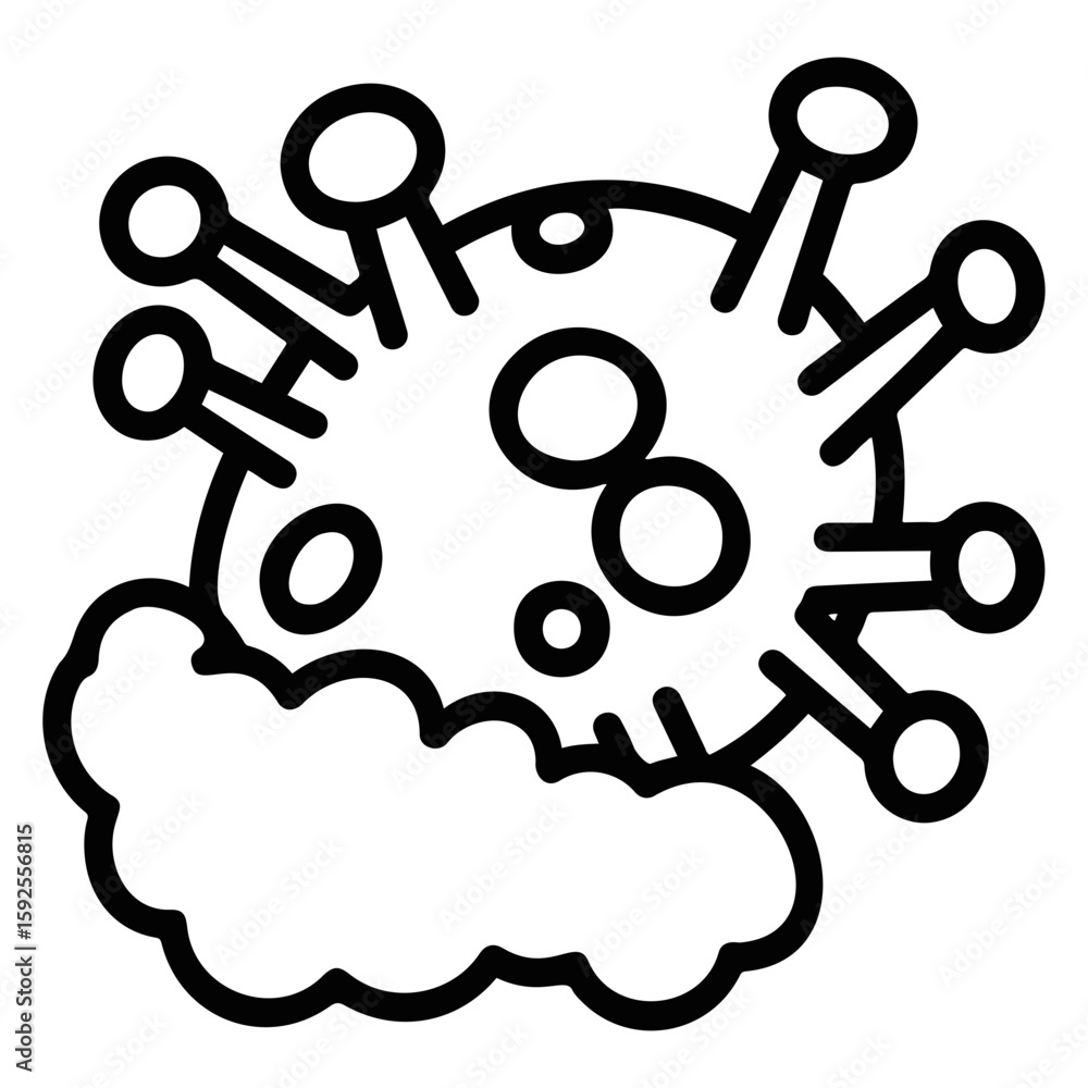 Poster vector illustration of a virus cell with spikes and internal circles next to a cloud like shape desi