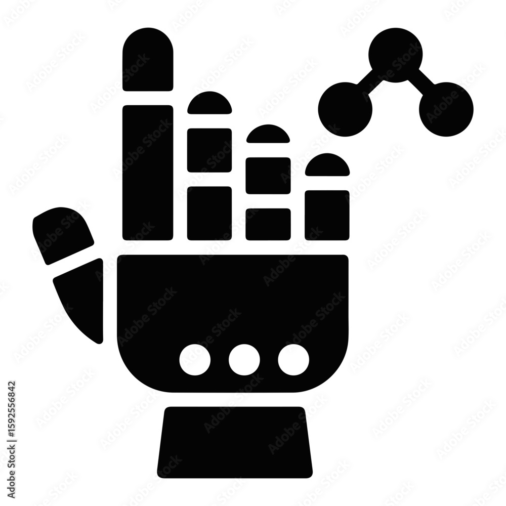 Poster stylized robot hand with segmented fingers holding a molecular structure in black and white