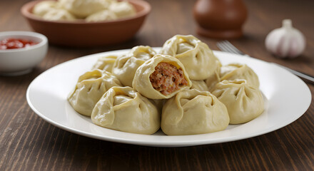 Stuffed dumplings, manti of dough and minced, close up