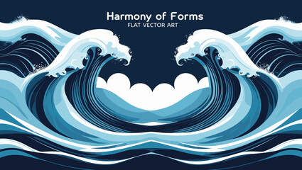 Stylized ocean waves in blue tones with text "Harmony of Forms"