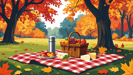 Autumn picnic setup with food, basket, and vibrant fall foliage
