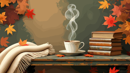 Cozy autumn scene with steaming coffee cup, books, and falling leaves