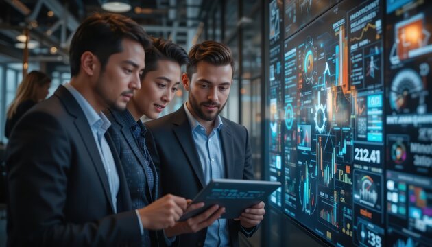 Diverse team collaborating on complex data analysis in modern office space