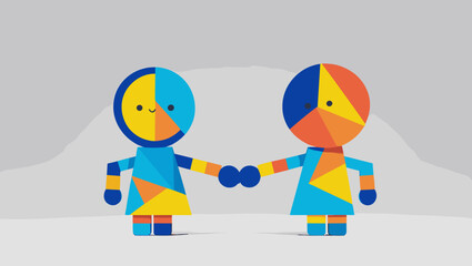 Colorful geometric characters holding hands in playful design