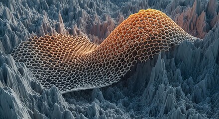 Abstract 3D rendered landscape with voxel terrain featuring a wave-like structure in shades of orange and gray. The scene emphasizes depth and texture created by the pixelated forms.