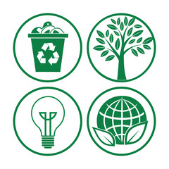 Eco friendly icons – recycle, tree, energy bulb, leaf, green vector set .