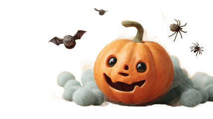 Transparent halloween pumpkin with bats and spiders in a whimsical environment