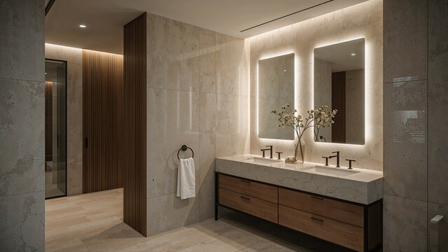 Modern bathroom with double vanity and illuminated mirrors.