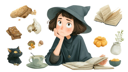 Transparent halloween delights enchanting witch with treats and spells cozy home illustrative art whimsical view