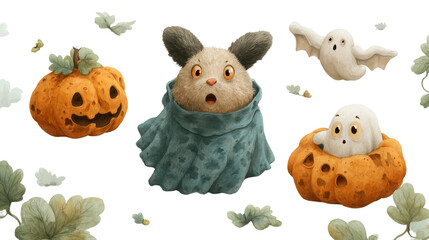 Transparent halloween theme cute cartoon animals with pumpkins and ghosts in a whimsical setting