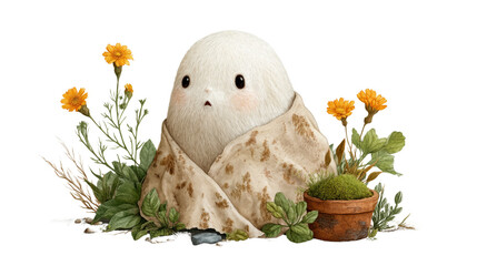 Transparent halloween creature surrounded by flowers whimsical nature artwork enchanting garden view