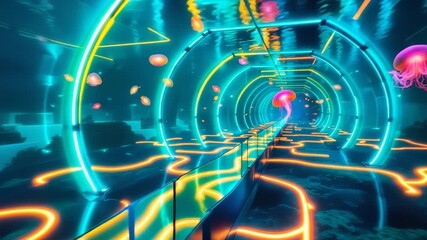 Glowing neon tunnel with jellyfish-like neural nodes and electric pathways forming a surreal digital space. Concept of virtual intelligence and neural networks - Powered by Adobe