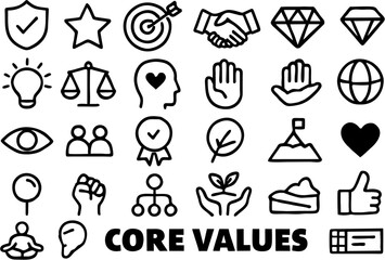 Fototapeta premium Core Values vector icon set illustrating principles like integrity, teamwork, trust, respect, responsibility, and innovation for business and personal development use.