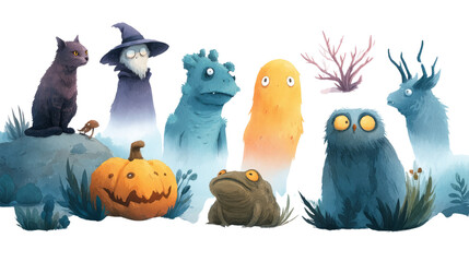 Transparent halloween creatures gathered in a spooky forest digital art whimsical atmosphere mystical viewpoint