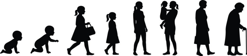 Human life progression from infancy to elderly, silhouette illustration of aging journey, development stages, family generations, health and education concept