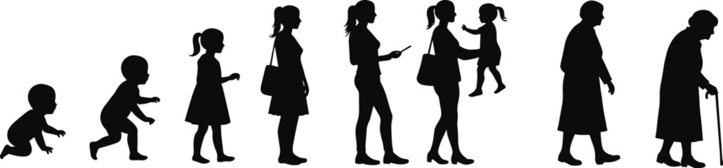 Human life stages silhouette from baby to elderly, aging timeline concept, generational growth, developmental progression, family journey, healthcare illustration