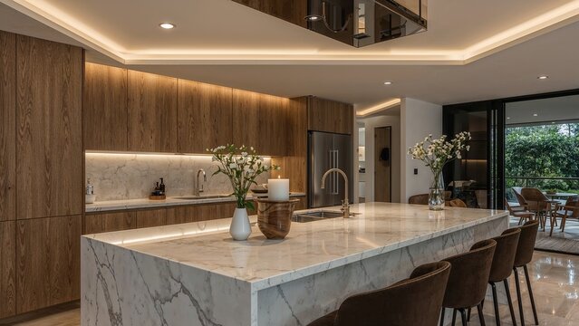 Modern kitchen island with light brown cabinets and white marble countertop.