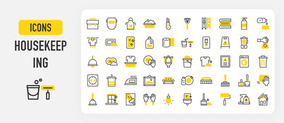 Housekeeping icons. Painting Roller, Welder, Washing Machine, Towel, Painting, Wet Floor, Cleaning, T Shirt, Liquid Soap, Electric Panel, Iron, Switch vector stroke illustration.	
