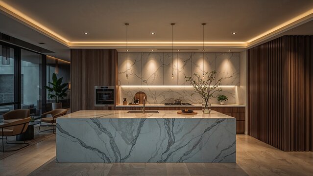 Modern kitchen island with marble countertop.