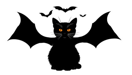 Obraz premium Adorable Yet Spooky Black Bat Cat Illustration with Glowing Orange Eyes and Flying Bats on Transparent Background