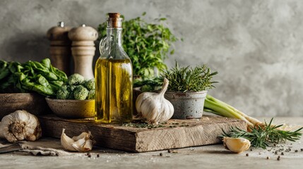 Rustic kitchen scene with olive oil, garlic, and fresh vegetables on wooden board
