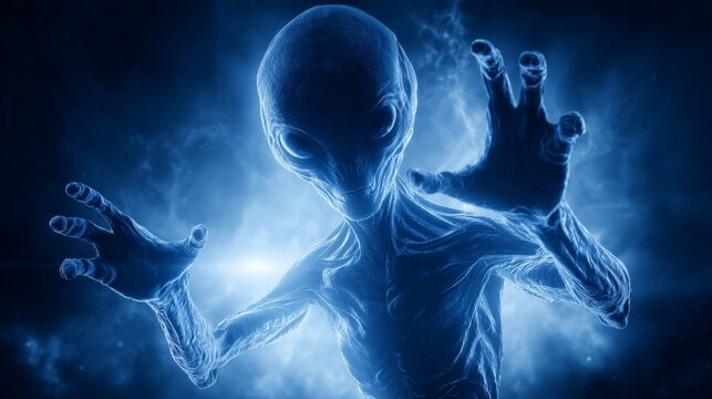 Mysterious blue alien with outstretched hands in space
