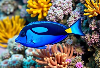 Obraz premium Vibrant blue surgeonfish amidst colorful coral reef, showcasing underwater beauty, blue tang, yellow fish