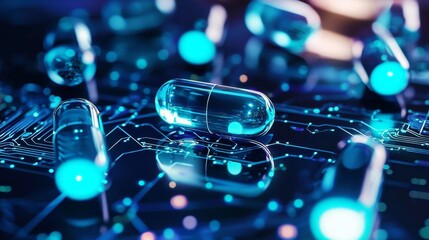 Digital pills placed on a circuit board represent the intersection of technology and healthcare.