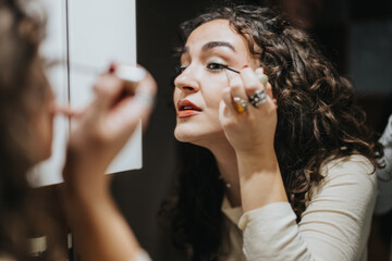 A young woman is seen applying makeup in front of a mirror, demonstrating concentration and engagement in her personal beauty routine, with a natural and home-based setting.