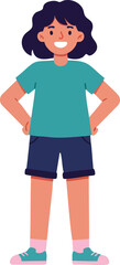 Happy young girl standing with hands on hips wearing teal shirt and navy shorts vector illustration 