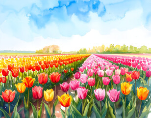 Vibrant Watercolor Painting of A Dutch Tulip Field in Bloom