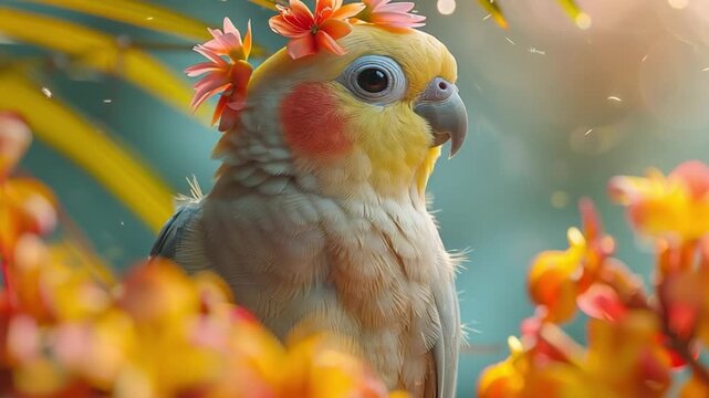 Close-up of a lutino cockatoo enjoying a pleasant tropical setting