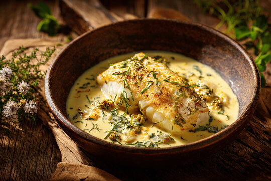Rustic sandre au beurre blanc fish fillet with butter sauce in Loire Valley kitchen