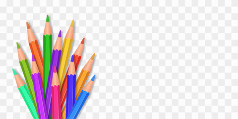 Vector set of colored pencils png. Back to school. Realistic set pencils for draw. Drawing collection for artwork. Vector illustration isolated on transparent background.