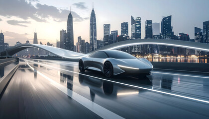 Sleek Silver Sports Car Speeding Through Futuristic City at Night