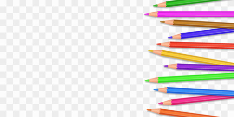 Vector set of colored pencils png. Back to school. Realistic set pencils for draw. Drawing collection for artwork. Vector illustration isolated on transparent background.